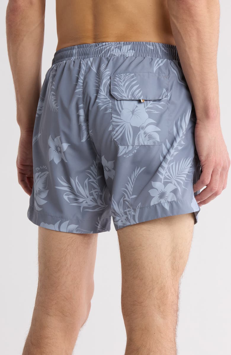 BOSS Reeve Tropical Floral Swim Trunks, Alternate, color, Silver/ Grey