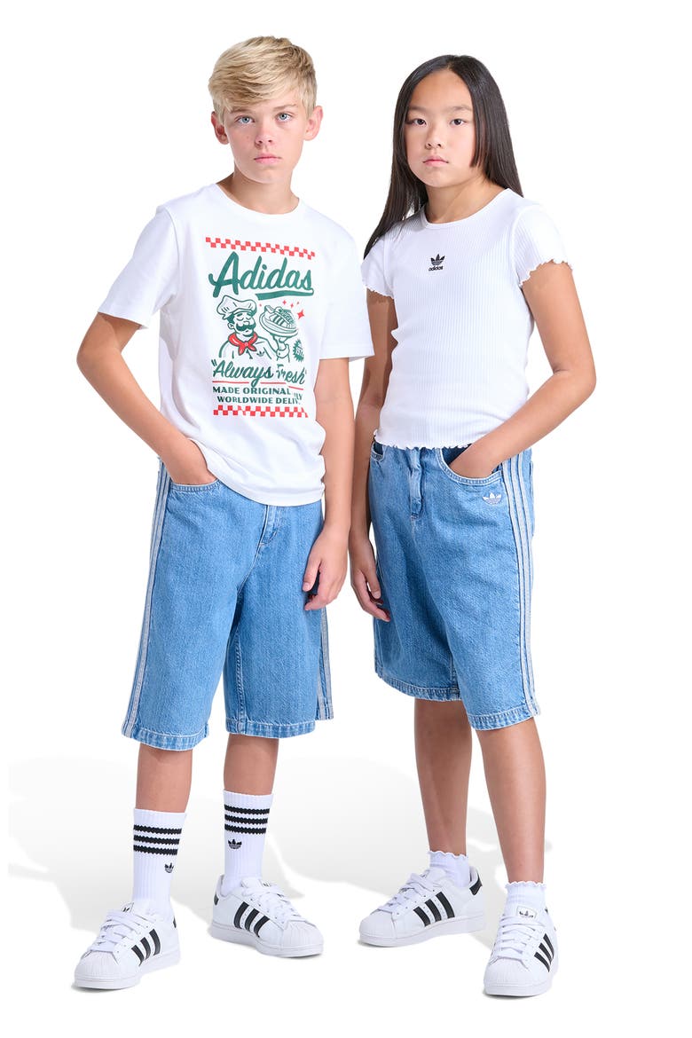Kids' 3-Stripes Denim Shorts, Alternate, color, MEDIUM WASH DENIM