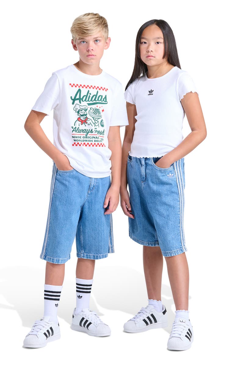 adidas Originals Kids' 3-Stripes Denim Shorts, Alternate, color, Medium Wash Denim