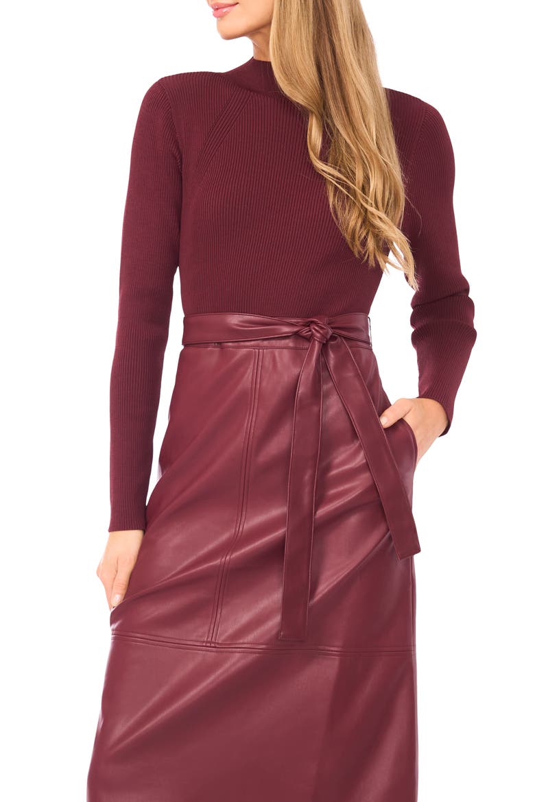 Mixed Media Long Sleeve Dress, Alternate, color, PORT