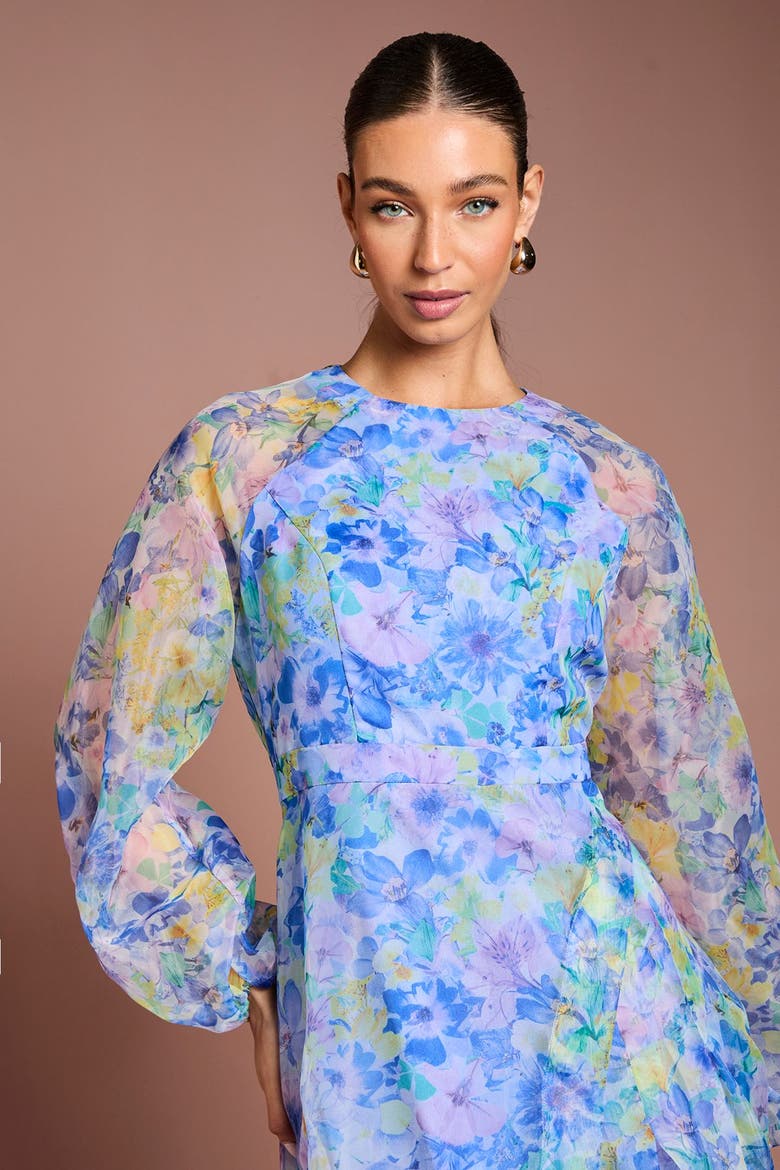 Organza Floral Puff Sleeve Midi Dress, Alternate, color, Blue