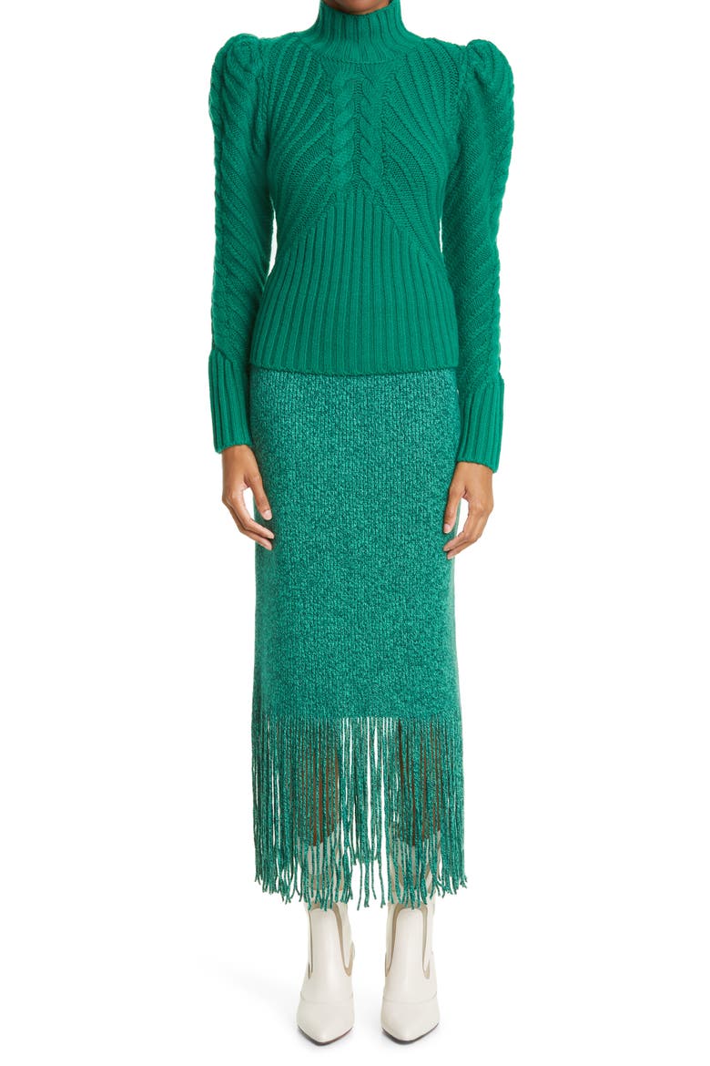 Celestial Cable Stitch Turtleneck Cashmere Blend Sweater, Alternate, color, FOREST