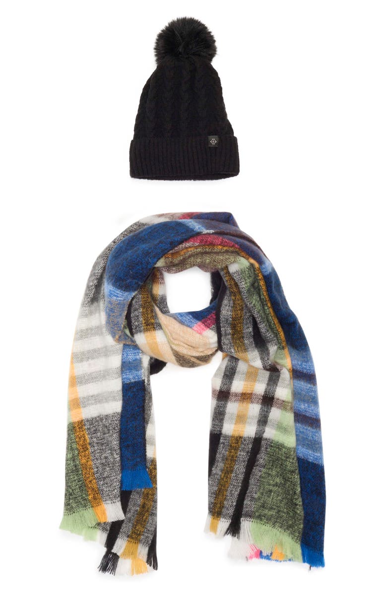 Nanette Lepore Faux Fur Pompom Beanie & Scarf Set, Main, color, Black