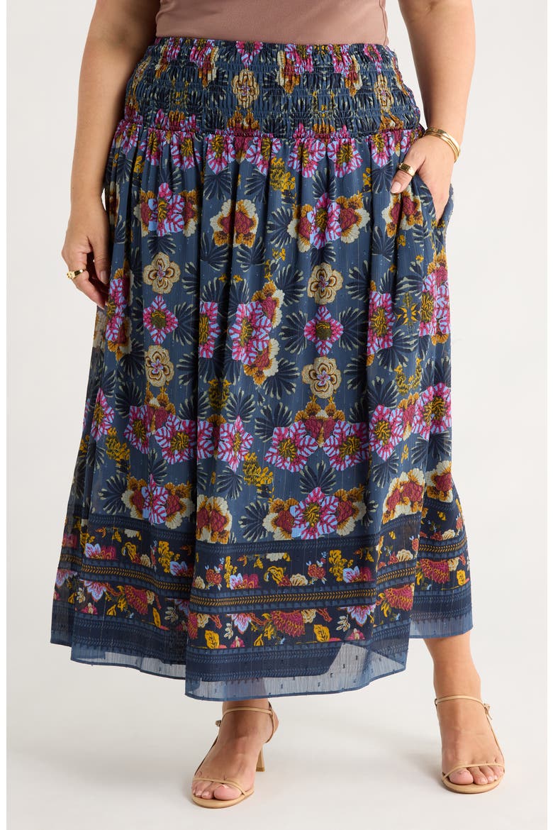 Smocked Waist Maxi Skirt, Main, color, GREEN GABLES BLOOMING BORDER