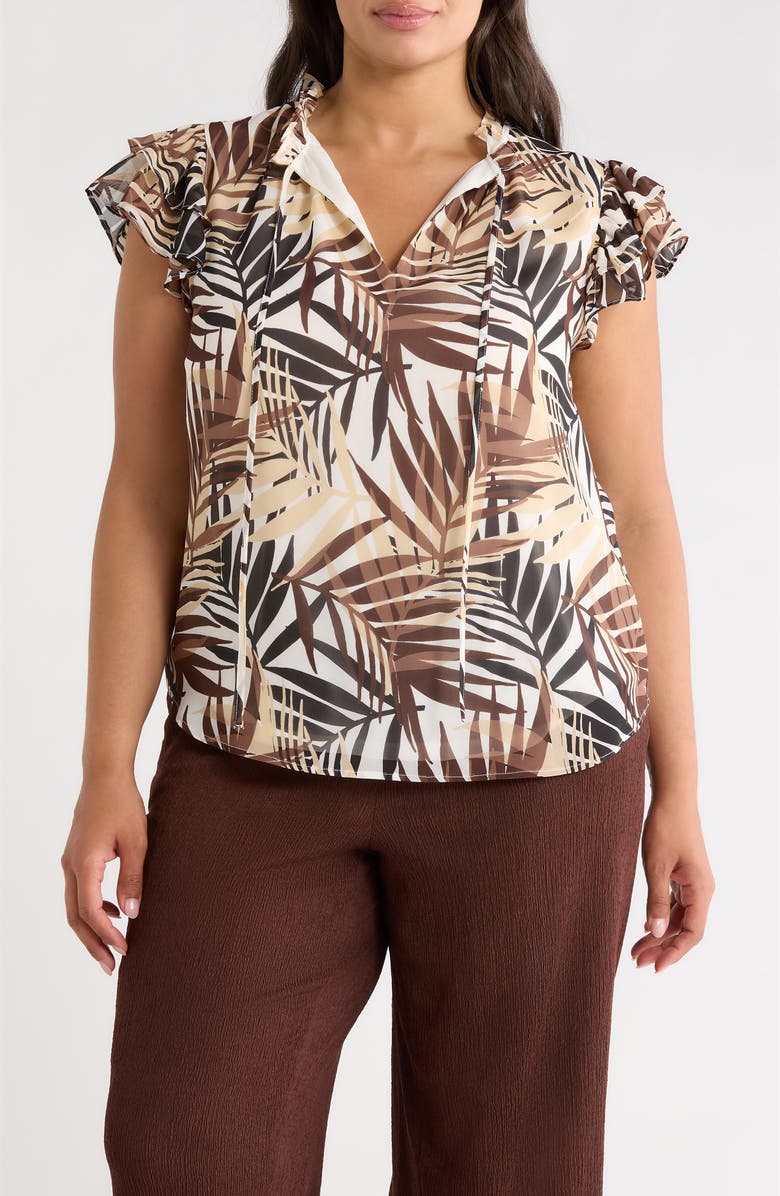 Anne Klein Ruffle Tie Neck Top, Main, color, White Dove Multi