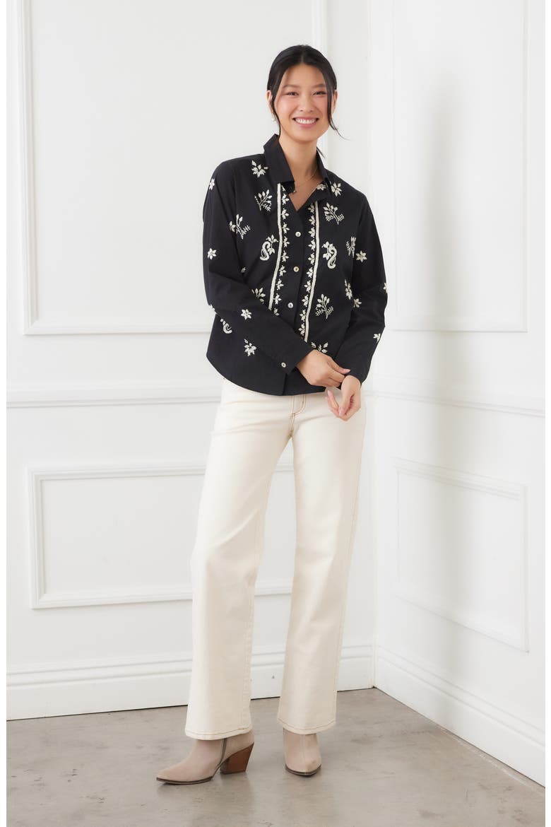 Embroidered Cotton Button-Up Shirt, Alternate, color, BLACK/ TAN