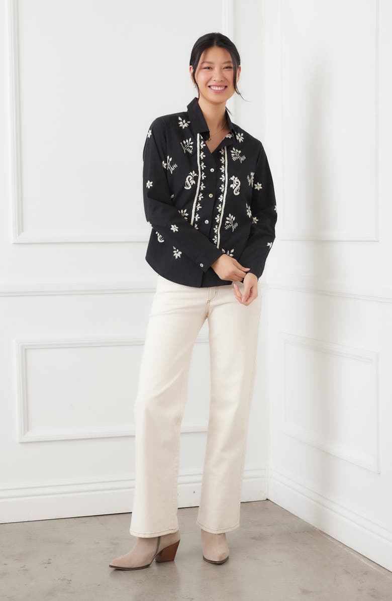 Karen Kane Embroidered Cotton Button-Up Shirt, Alternate, color, Black/ Tan