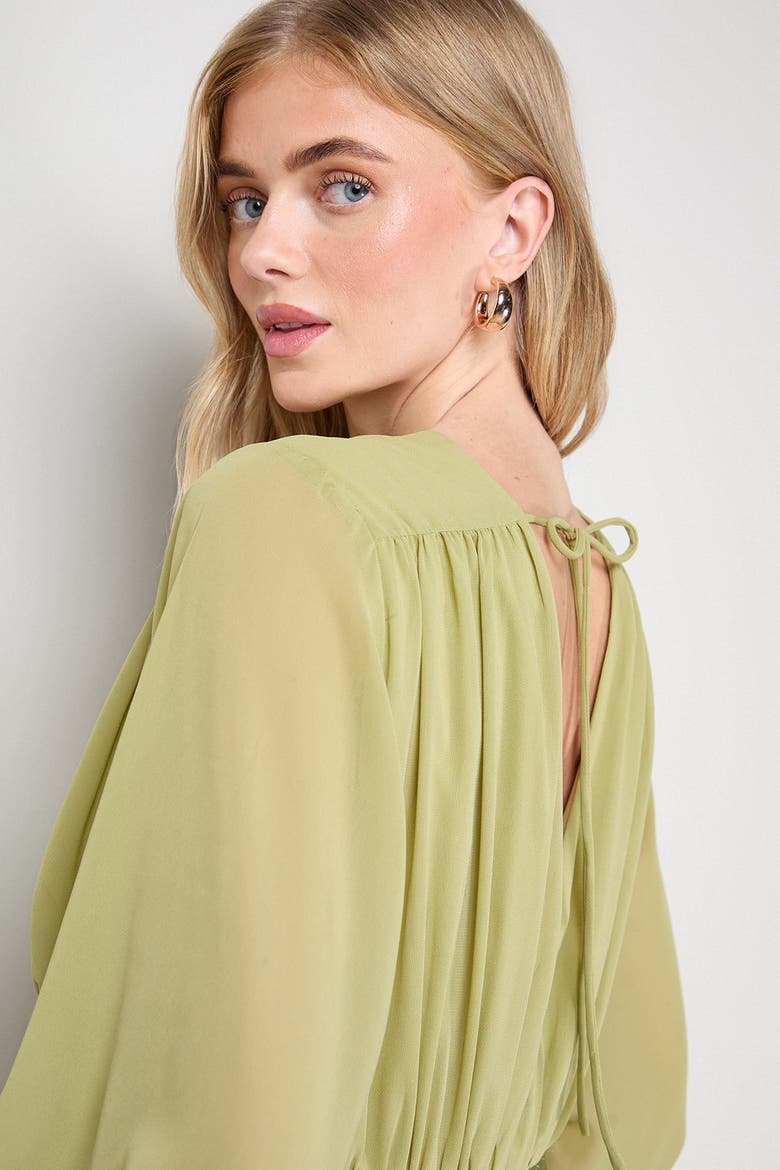 Satin Chiffon Mix V Neck Midaxi Dress, Alternate, color, Olive
