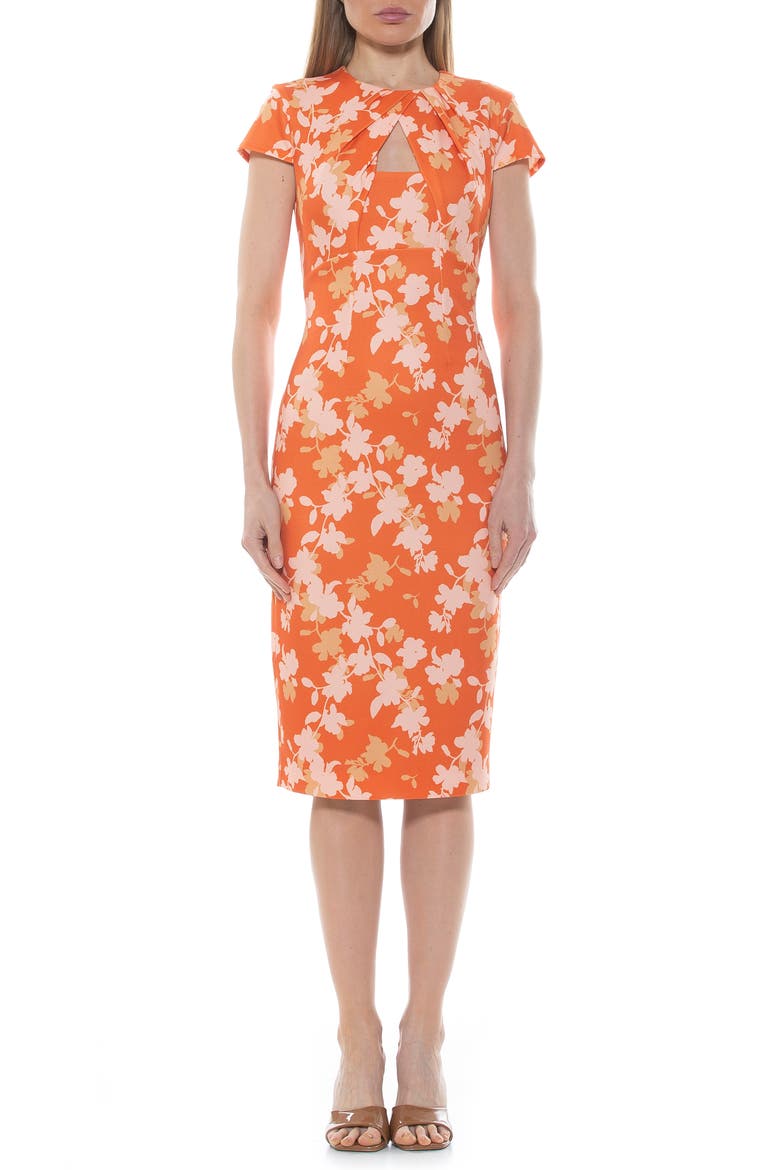 Janine Crewneck Draped Midi Sheath Dress, Main, color, NEUTRAL FLORAL