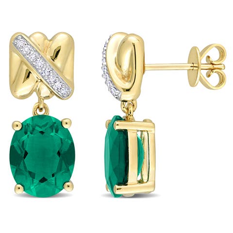 Gemstone & Diamond Oval Drop Earrings 14k