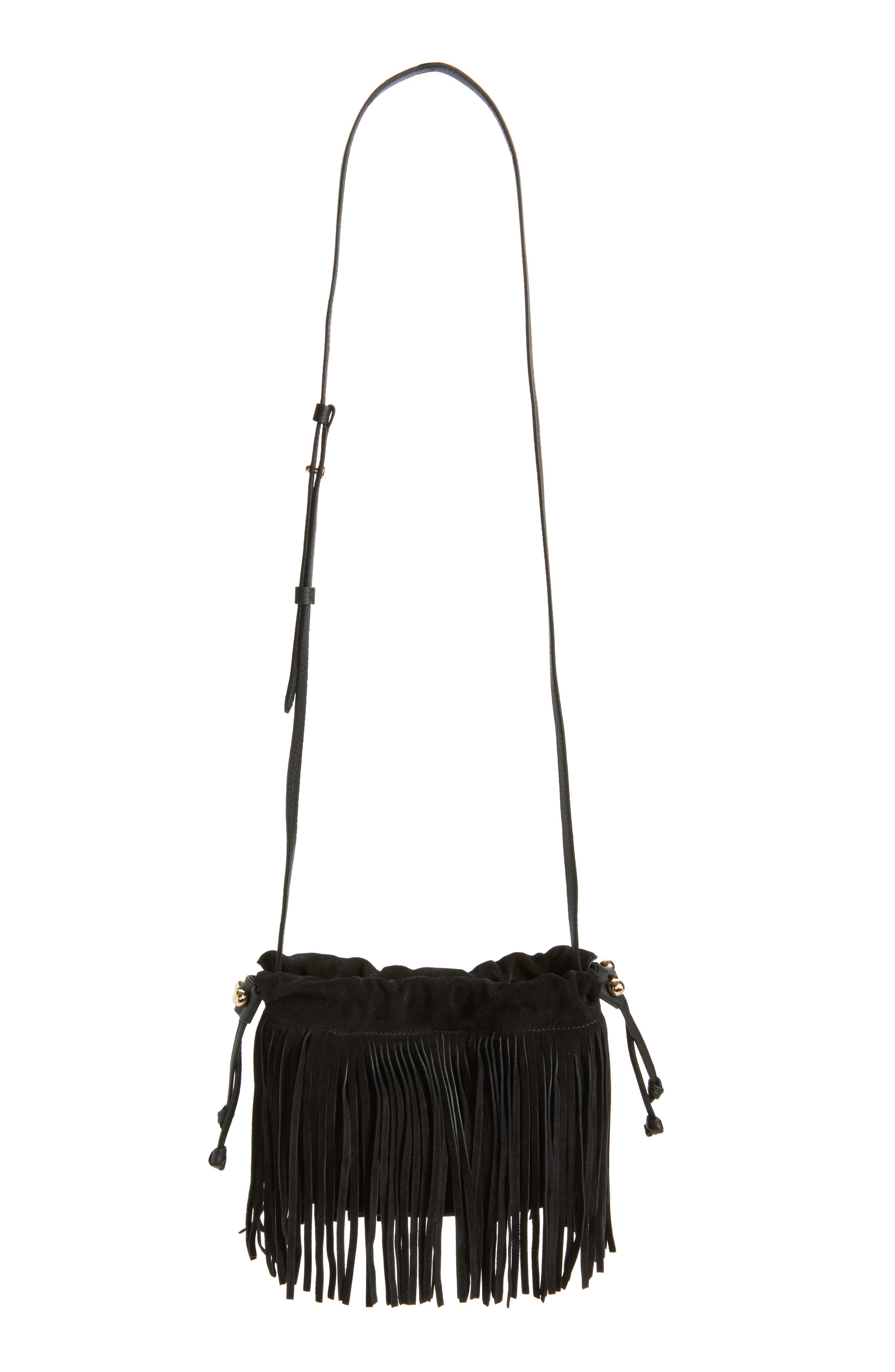 Strathberry x Cinq à Sept Drawstring Fringe Suede Crossbody Bag, Main, color, Black