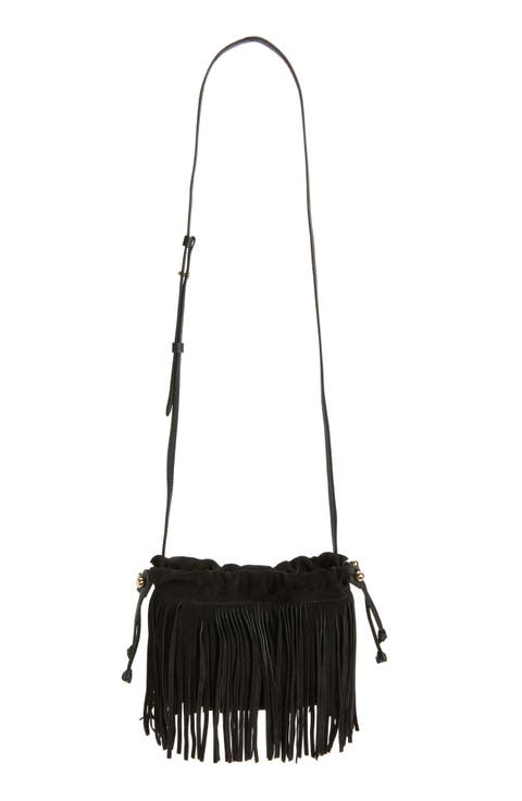 x Cinq à Sept Drawstring Fringe Suede Crossbody Bag