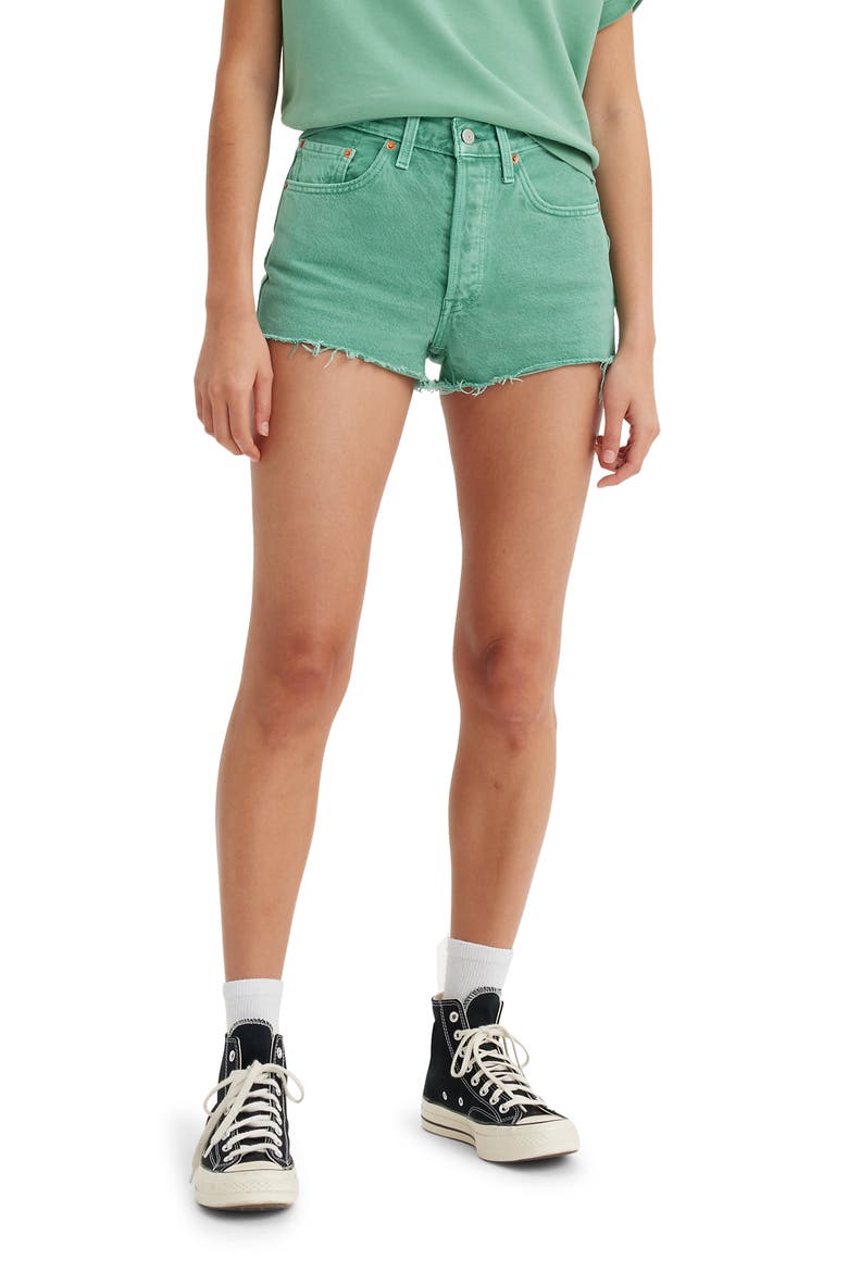 501® High Waist Cutoff Denim Shorts, Main, color, DUSTY BERYL GREEN SHORT