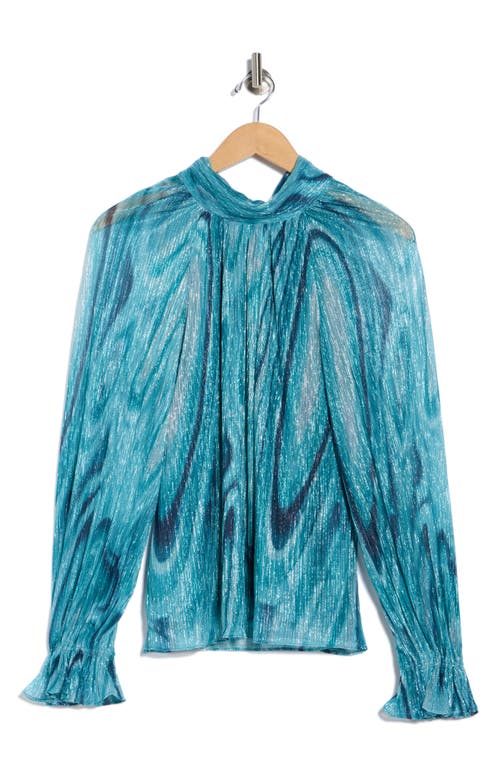 Ramy Brook Anneli Metallic Thread Mock Neck Long Sleeve Top In Blue