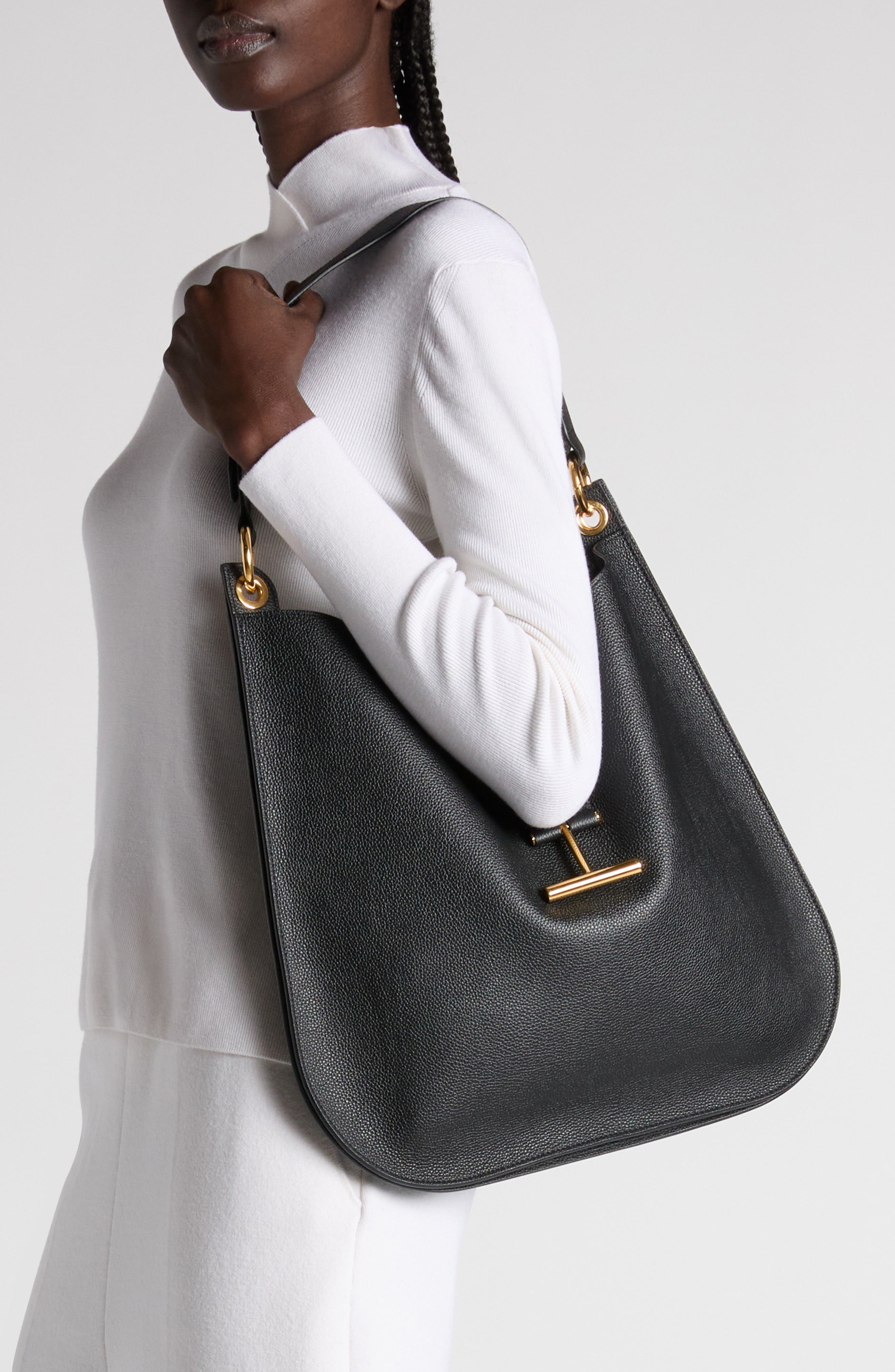 TOM FORD Large Tara Leather Hobo Bag, Alternate, color, Naa Black