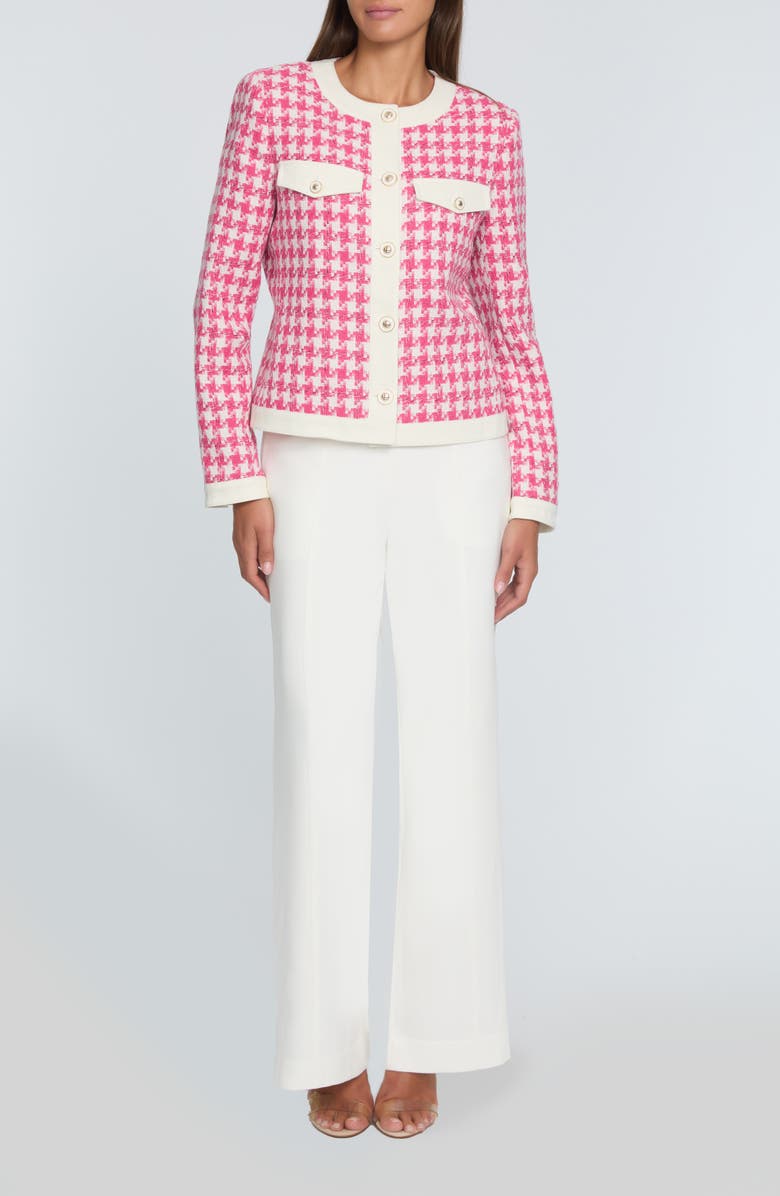 Elie Tahari The Farley Houndstooth Check Cotton Tweed Jacket, Alternate, color, Haute Pink And Sky White