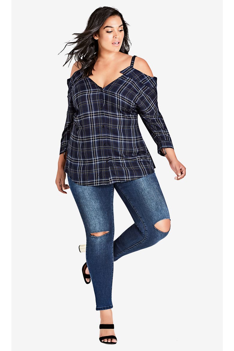 Chic Chic Reality Check Cold Shoulder Top, Alternate, color, NAVY/ BLUE CHECK