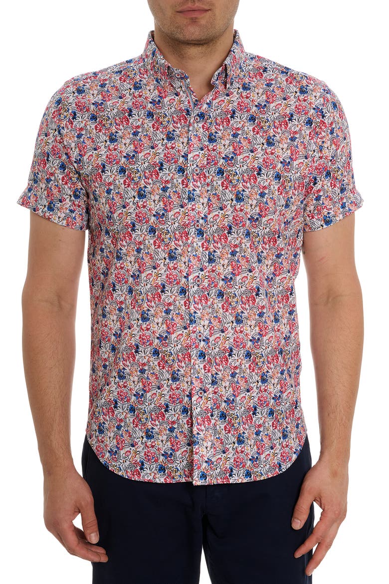 Padar Floral Short Sleeve Button-Up Shirt, Main, color, RED MULTI