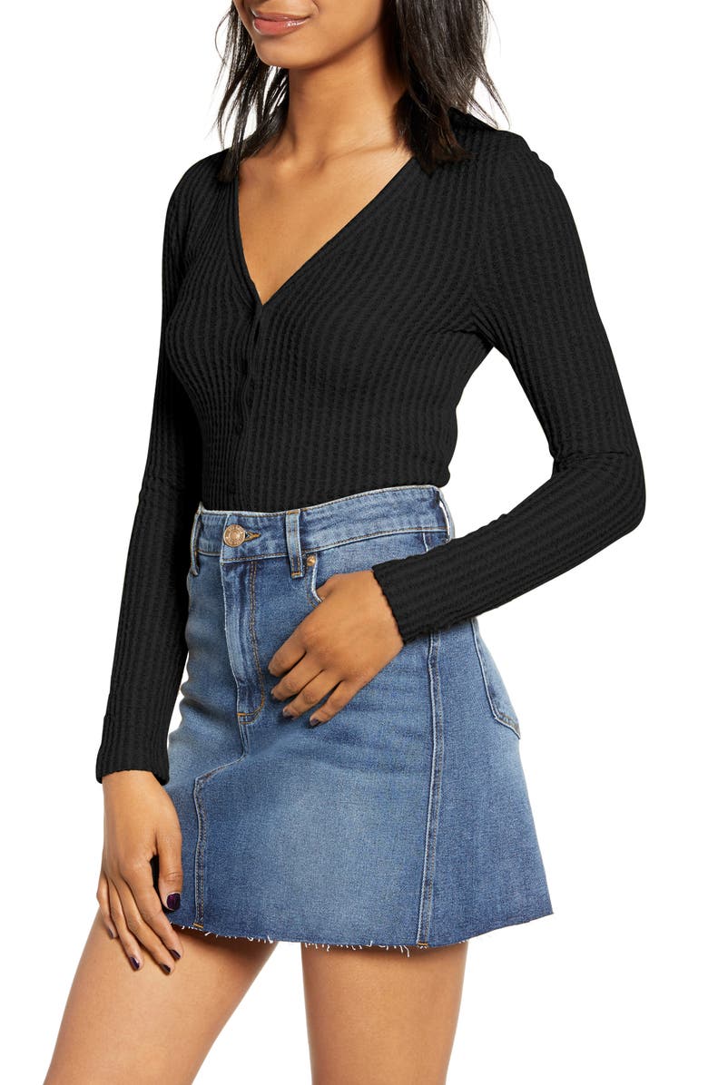 BP. Button Front Long Sleeve Crop Waffle Knit Top, Main, color, 