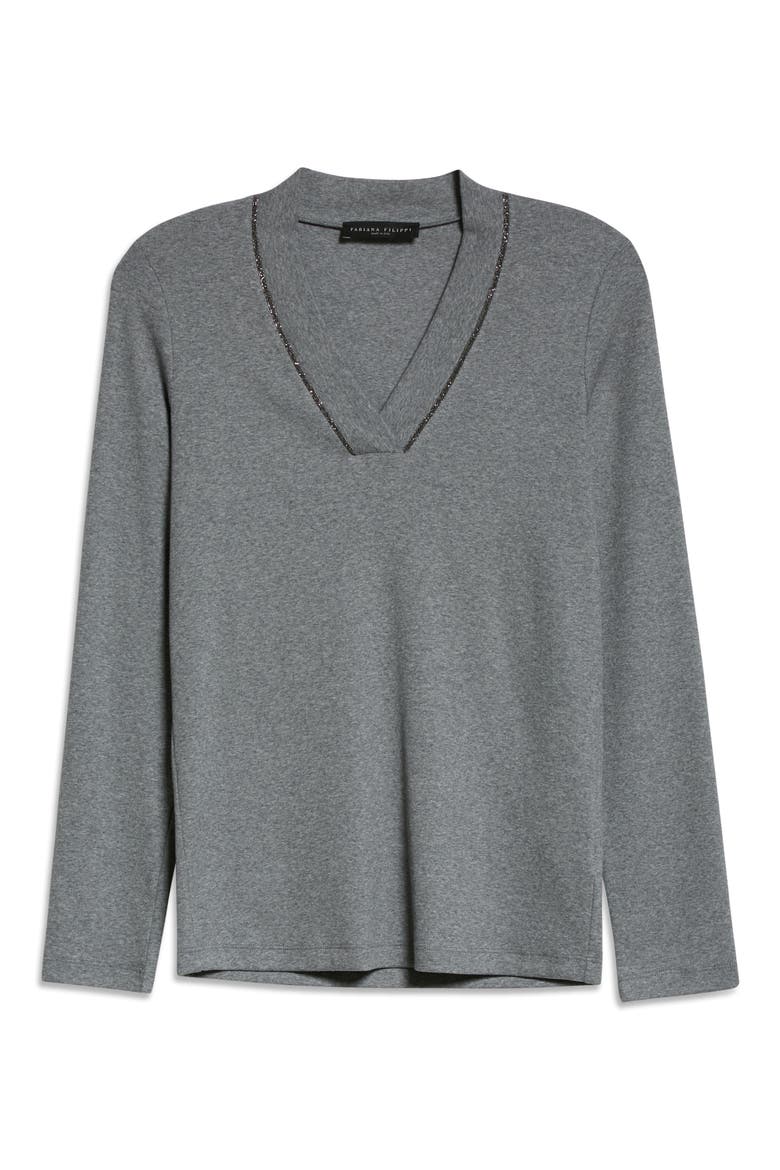 Beaded Collar Rib Top, Alternate, color, 8132 GREY