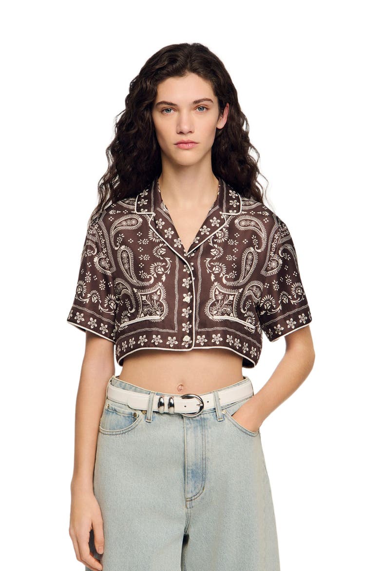 Cropped bandana print shirt, Alternate, color, Taupe / white