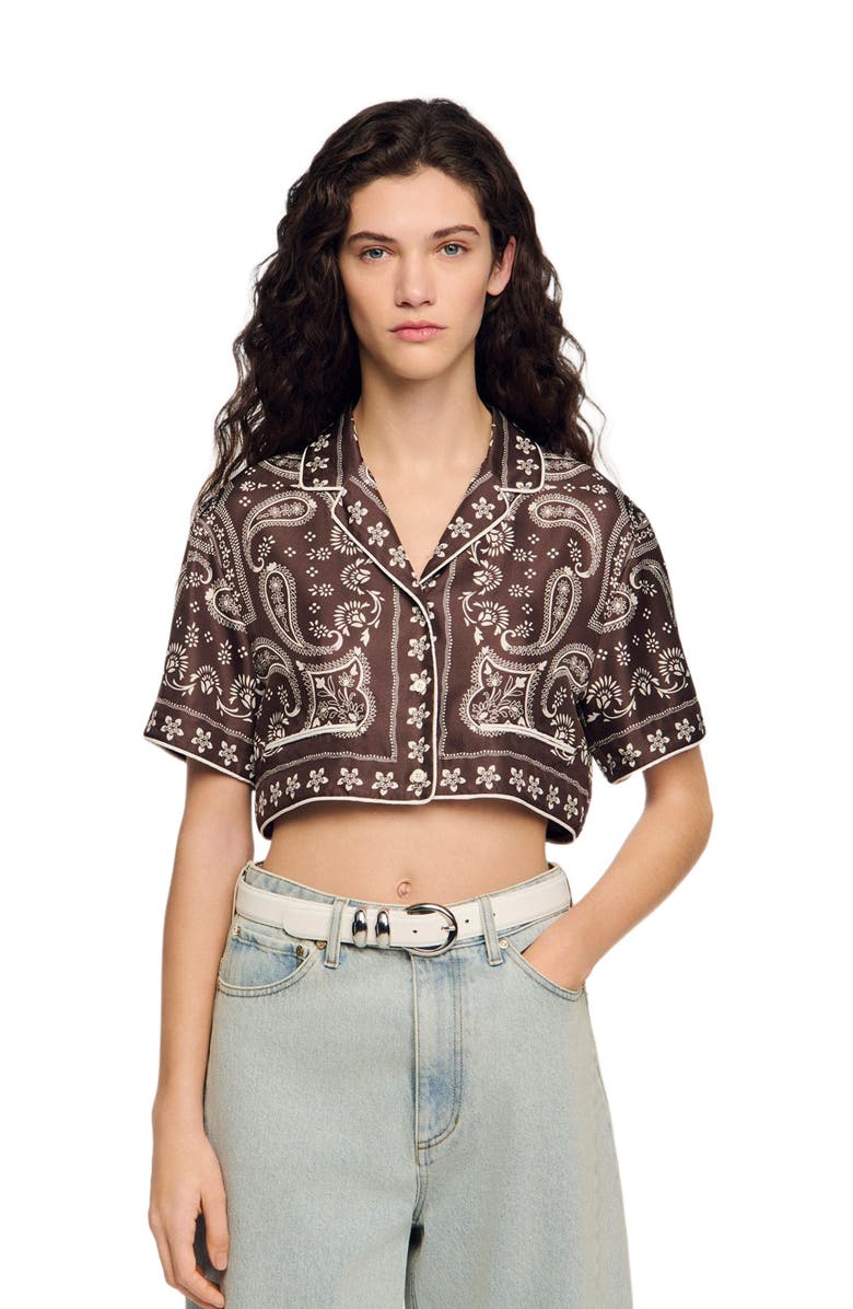 SANDRO Cropped bandana print shirt, Alternate, color, Taupe / White