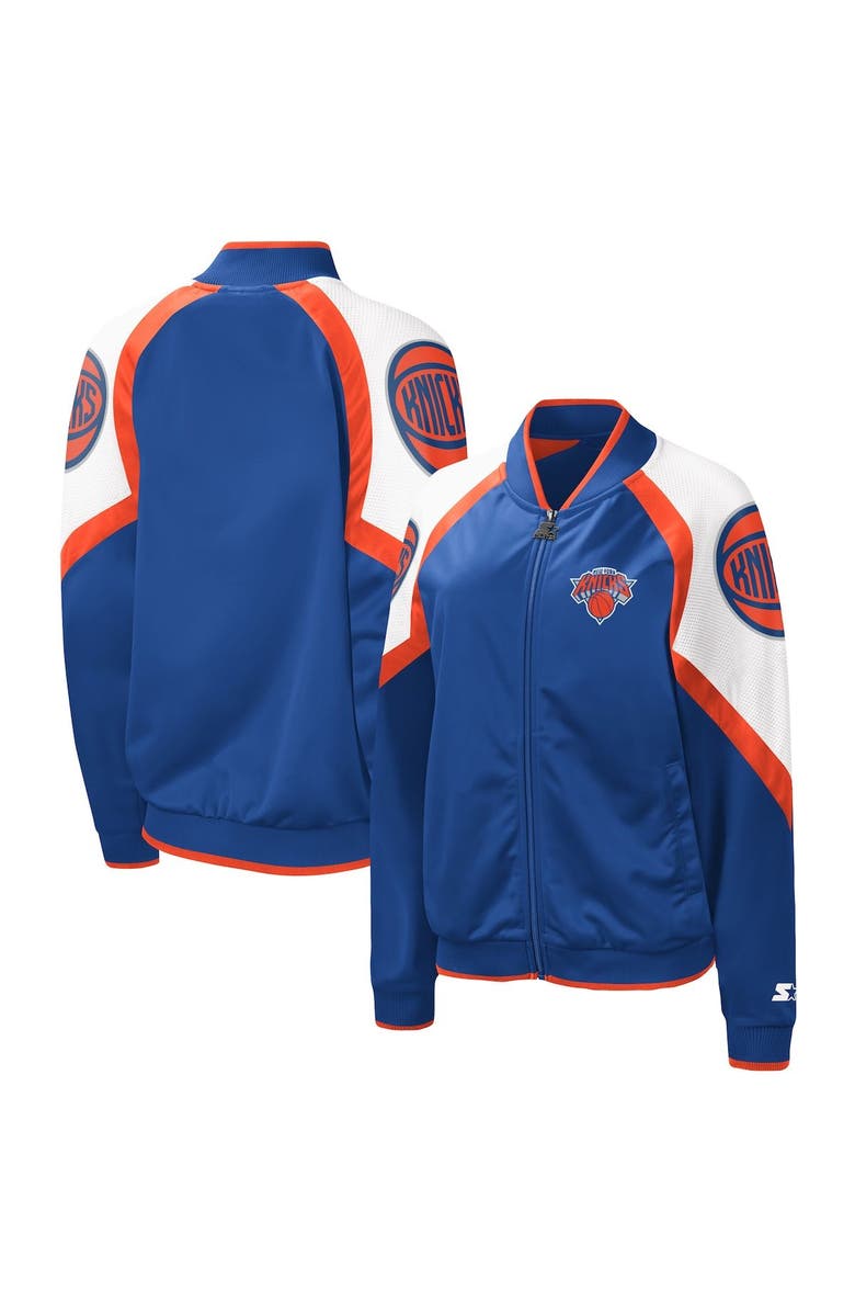 STARTER Women's Starter Blue/Orange New York Knicks Fan Girl Satin Raglan Full-Zip Jacket, Main, color, 