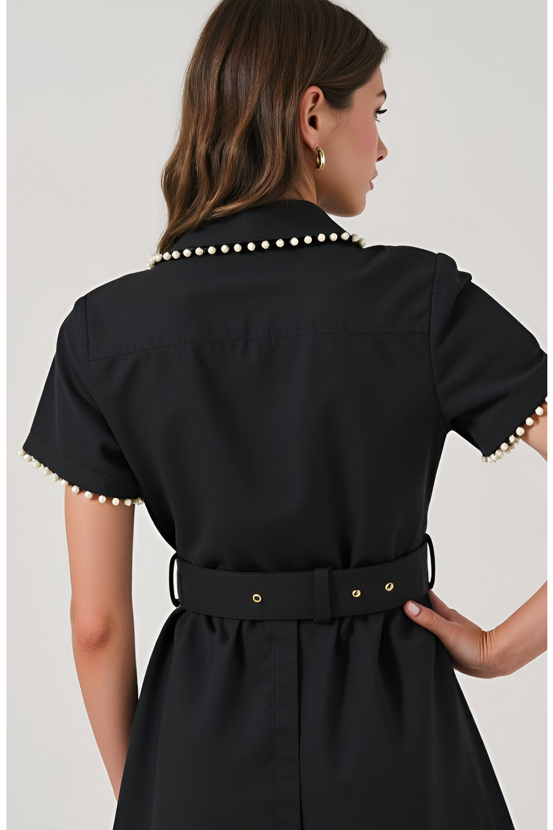 Short Sleeve Collared Midi Dress with Pearl Details and Statement Belt, Alternate, color, Black