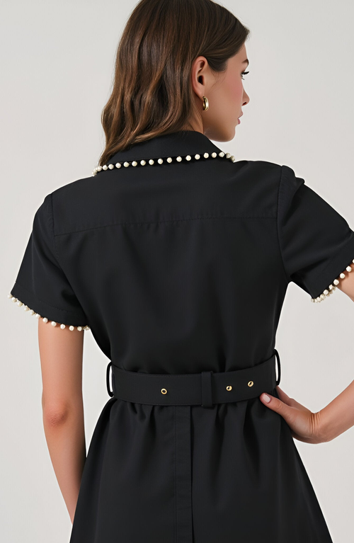 Modenaire Short Sleeve Collared Midi Dress With Pearl Details And Statement Belt In Black