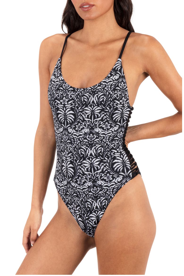 Ikat Palm One-Piece Swimsuit, Main, color, BLACK / COCONUT