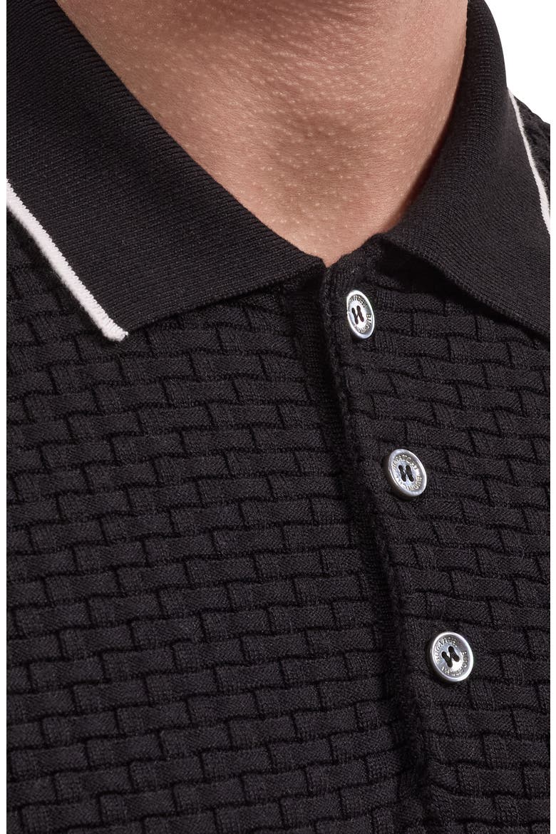 Basket Stitch Cotton Blend Polo Sweater, Alternate, color, BLACK