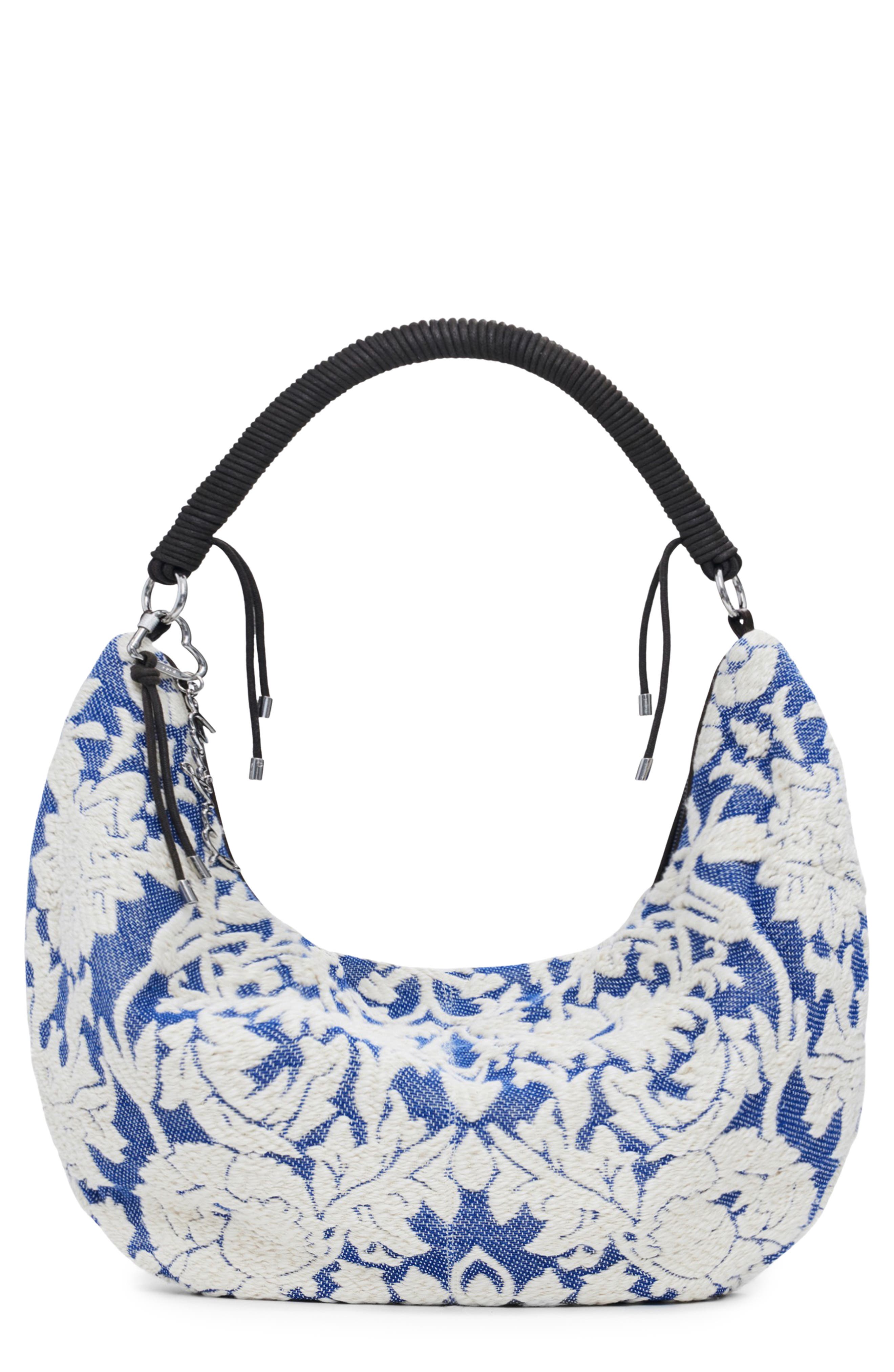 Desigual Floral Embroidered Shoulder Bag, Main, color, Royal Blue