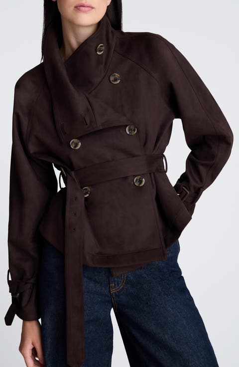Faux Suede Crop Belted Trench Coat