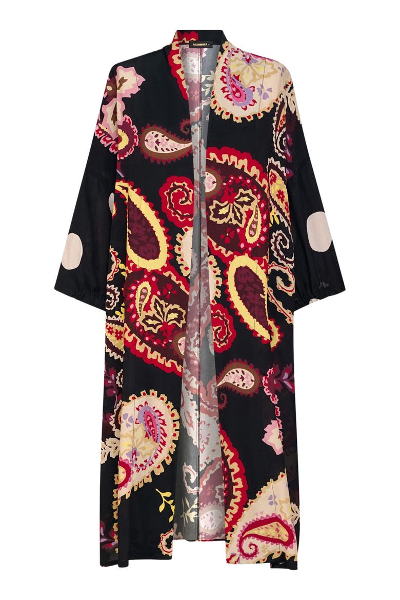 Fiesta print kimono inspired long light jacket, Alternate, color, Black Paisley Print