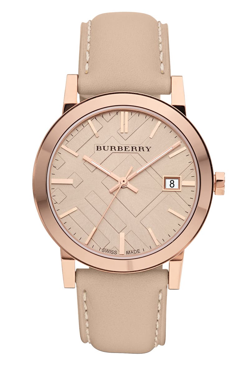 Check Stamped Round Dial Watch, 38mm, Main, color, NUDE