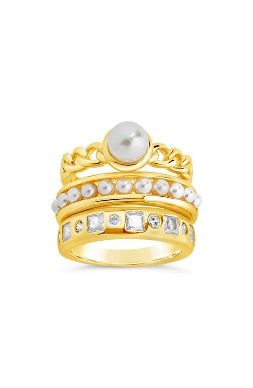 Sterling Forever Kimber Set Of 3 Faux Pearl & Cubic Zirconia Stackable Rings In Gold