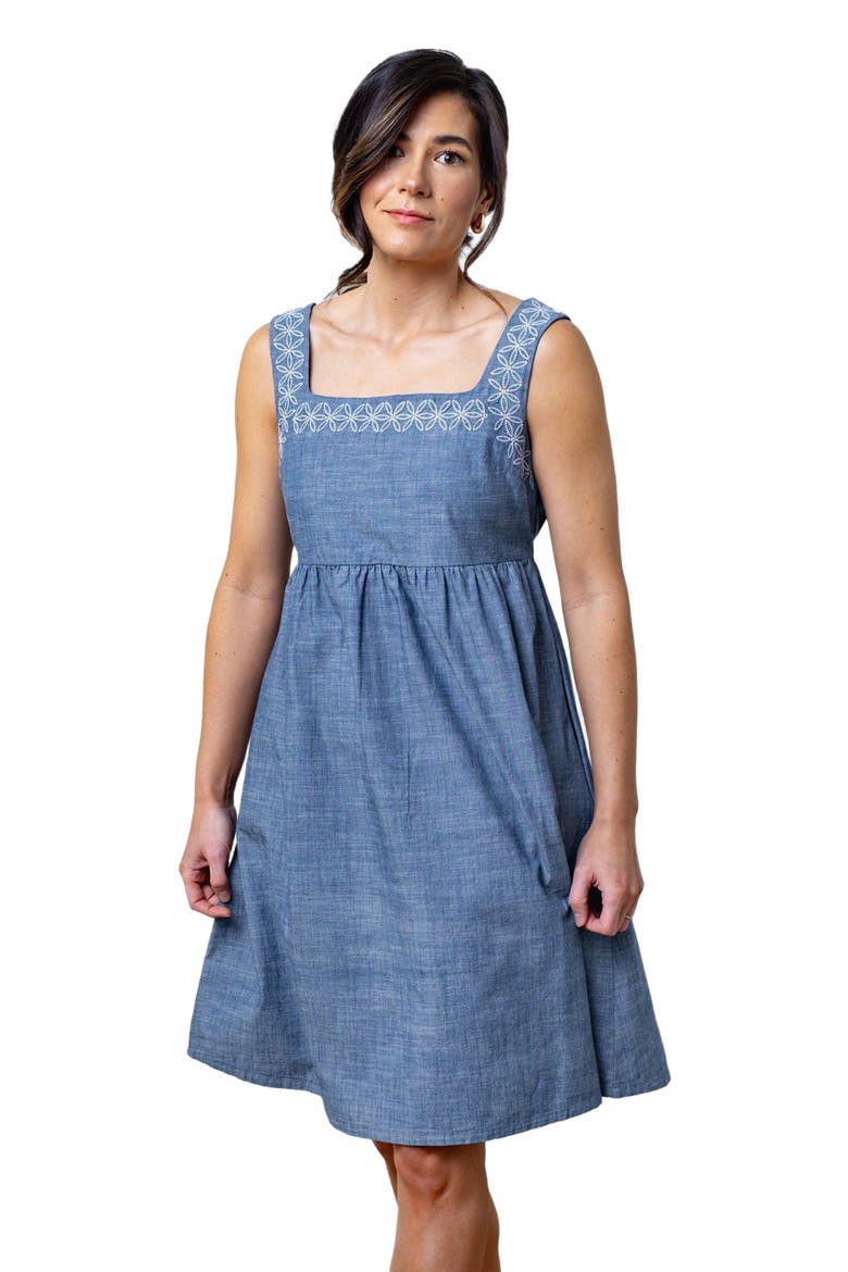 Women's Organic Chambray Dress with Embroidery, Main, color, Blue Chambray
