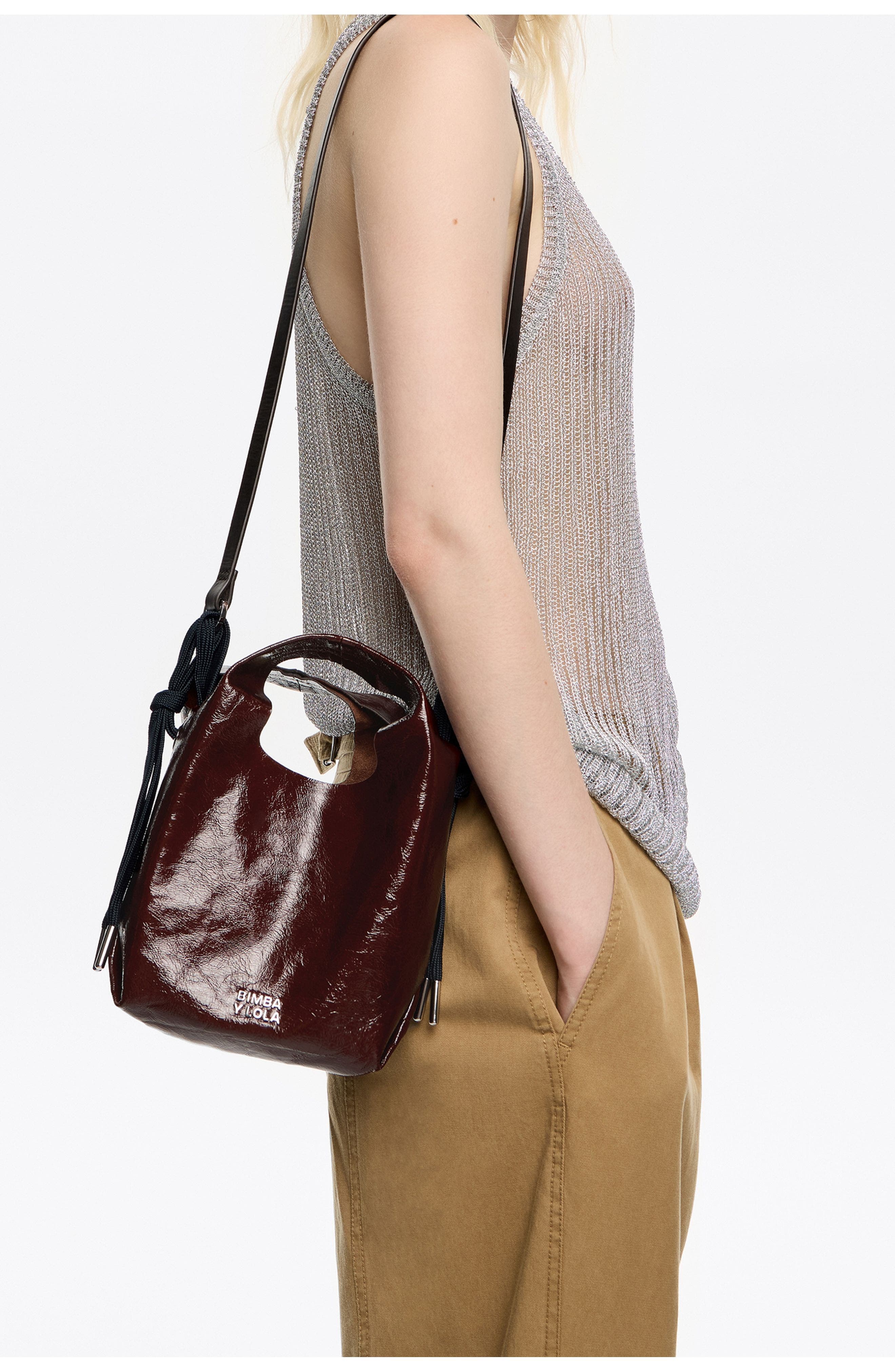 Bimba y Lola Leather Mini Paper Bag, Alternate, color, Chestnut