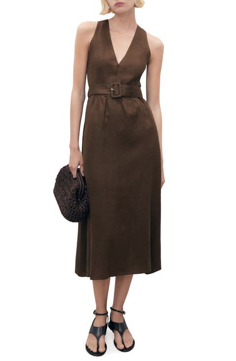 Sleeveless Belted Linen Midi Dress