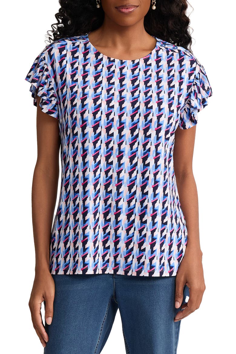 Houndstooth Flutter Sleeve Top, Main, color, PACIFIC NAVY MULTI