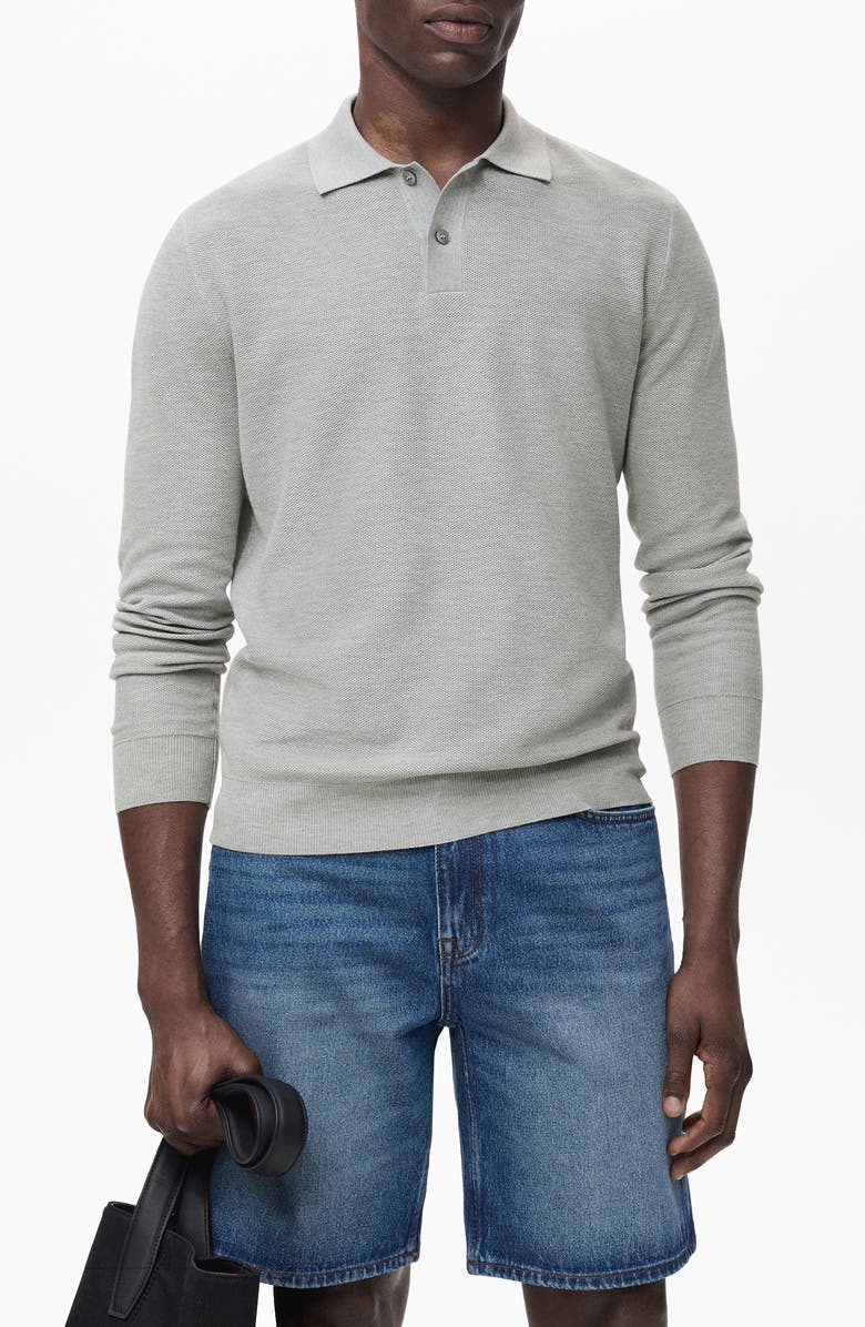 MANGO Long Sleeve Piqué Polo, Main, color, Medium Heather Grey