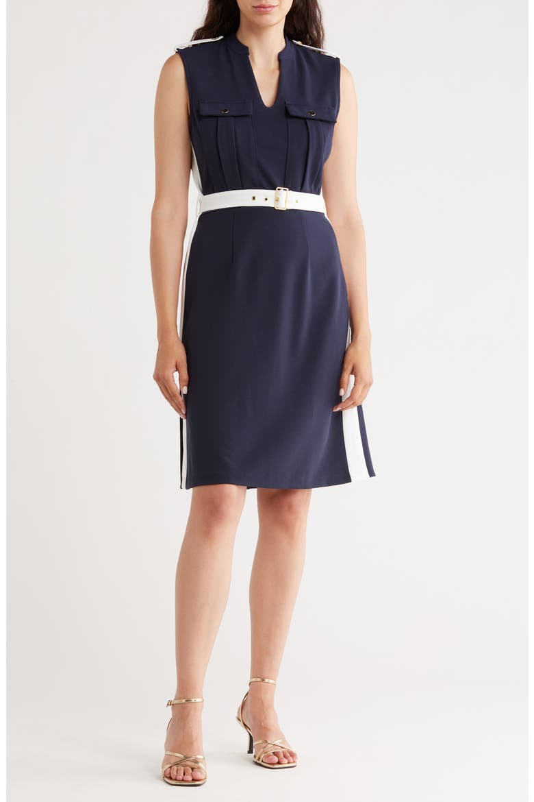 Sleeveless Belted Scuba Dress, Main, color, NANETTE NAVY/ WHITE