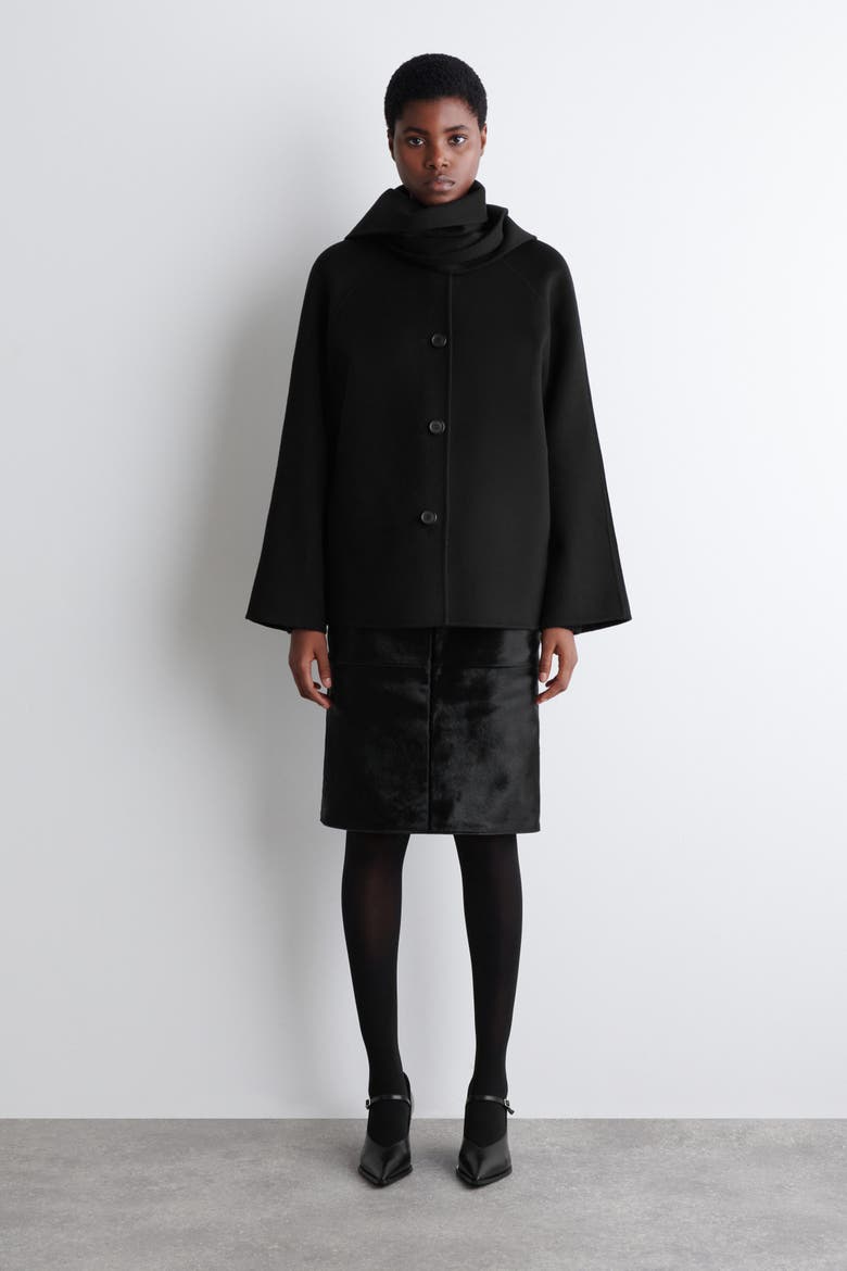 Double-Faced Wool Scarf Short Jacket, Main, color, BLACK