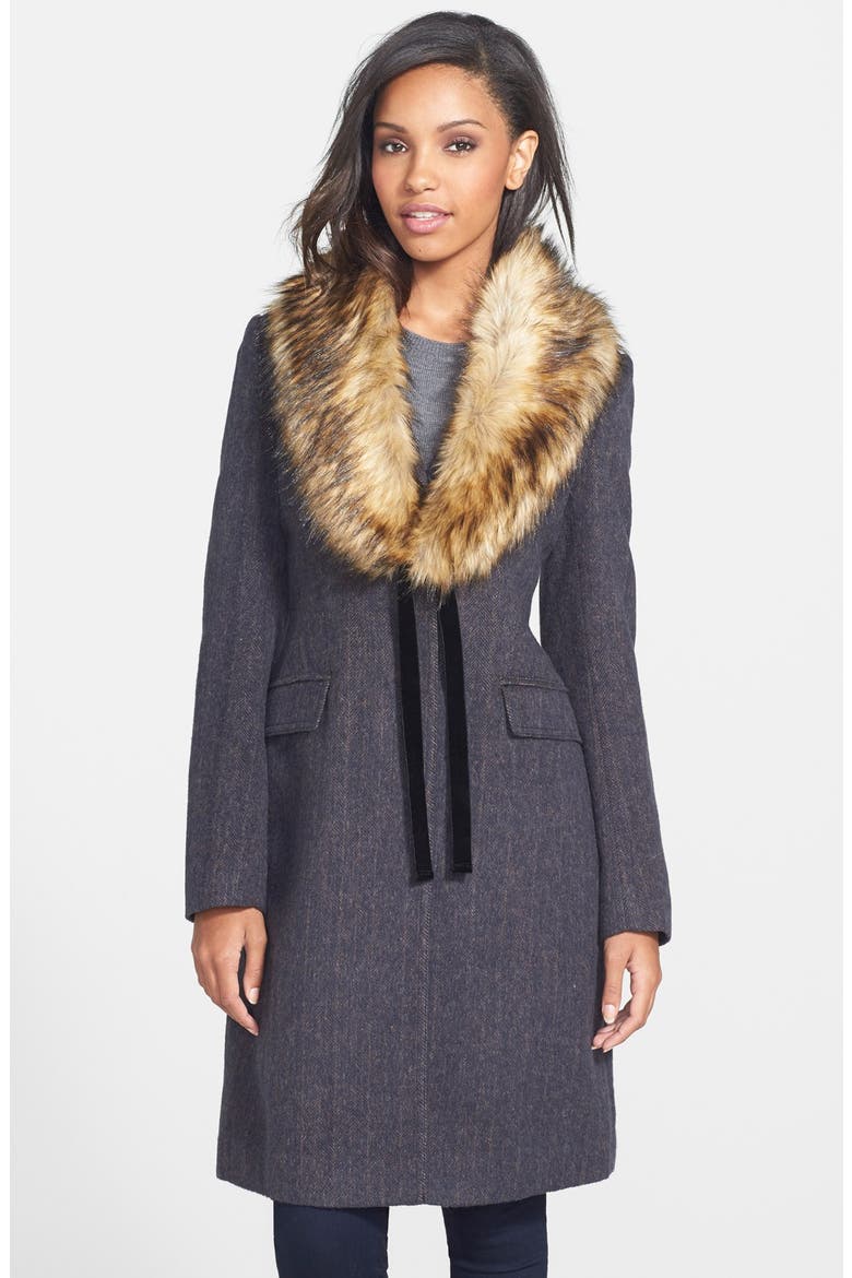 Faux Fur Collar Herringbone Coat, Main, color, INK NAVY