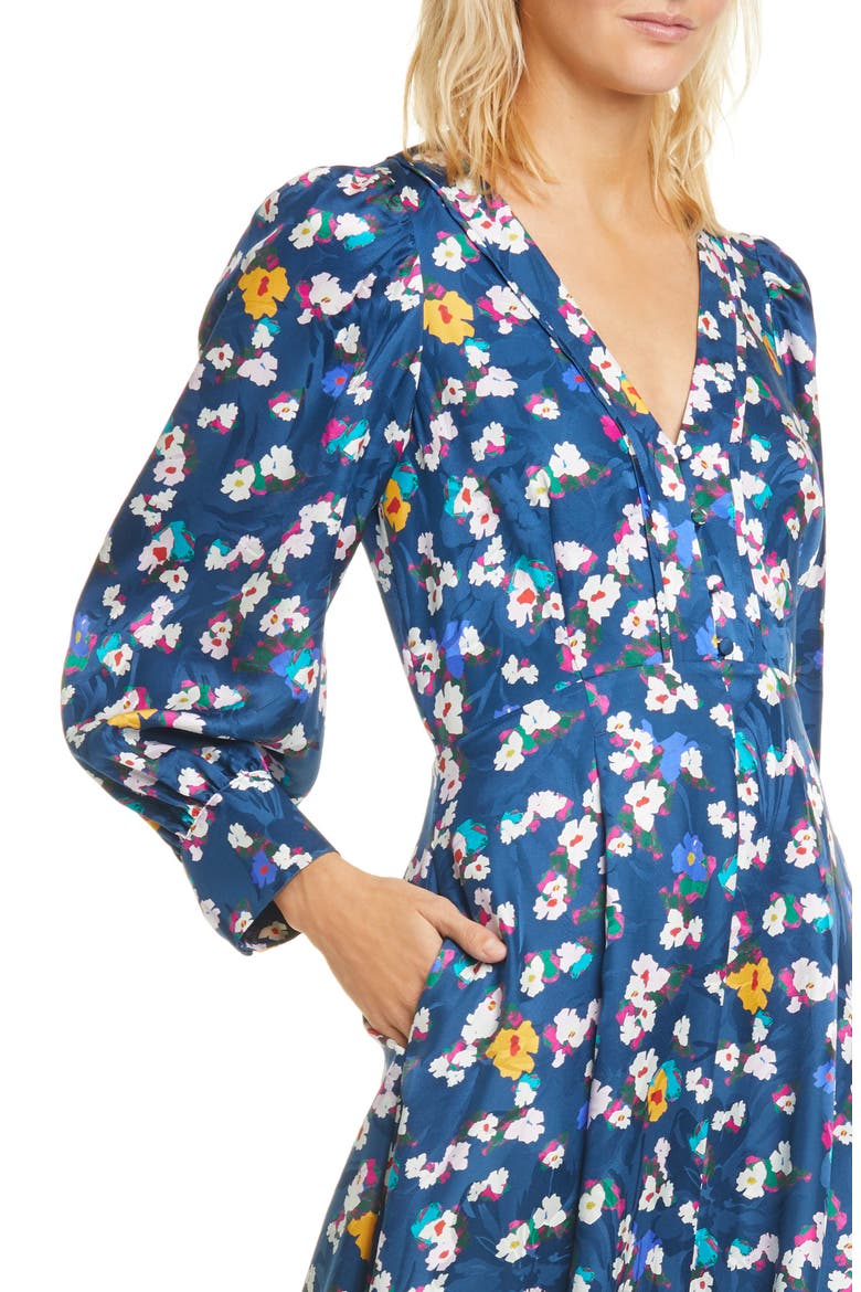 Thelma Floral Silk Jacquard Long Sleeve Silk Midi Dress, Alternate, color, BRUSHED FLORAL LARGE NAVY