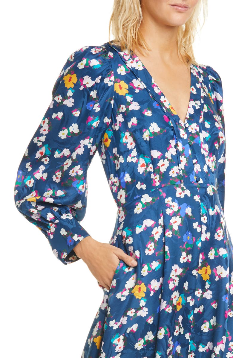 Tanya Taylor Thelma Floral Silk Jacquard Long Sleeve Silk Midi Dress, Alternate, color, 