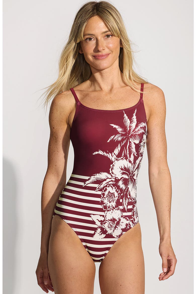 Plus Size Tugless Thin Strap One Piece Swimsuit, Main, color, Burgundy Tropic Scenic Stripe
