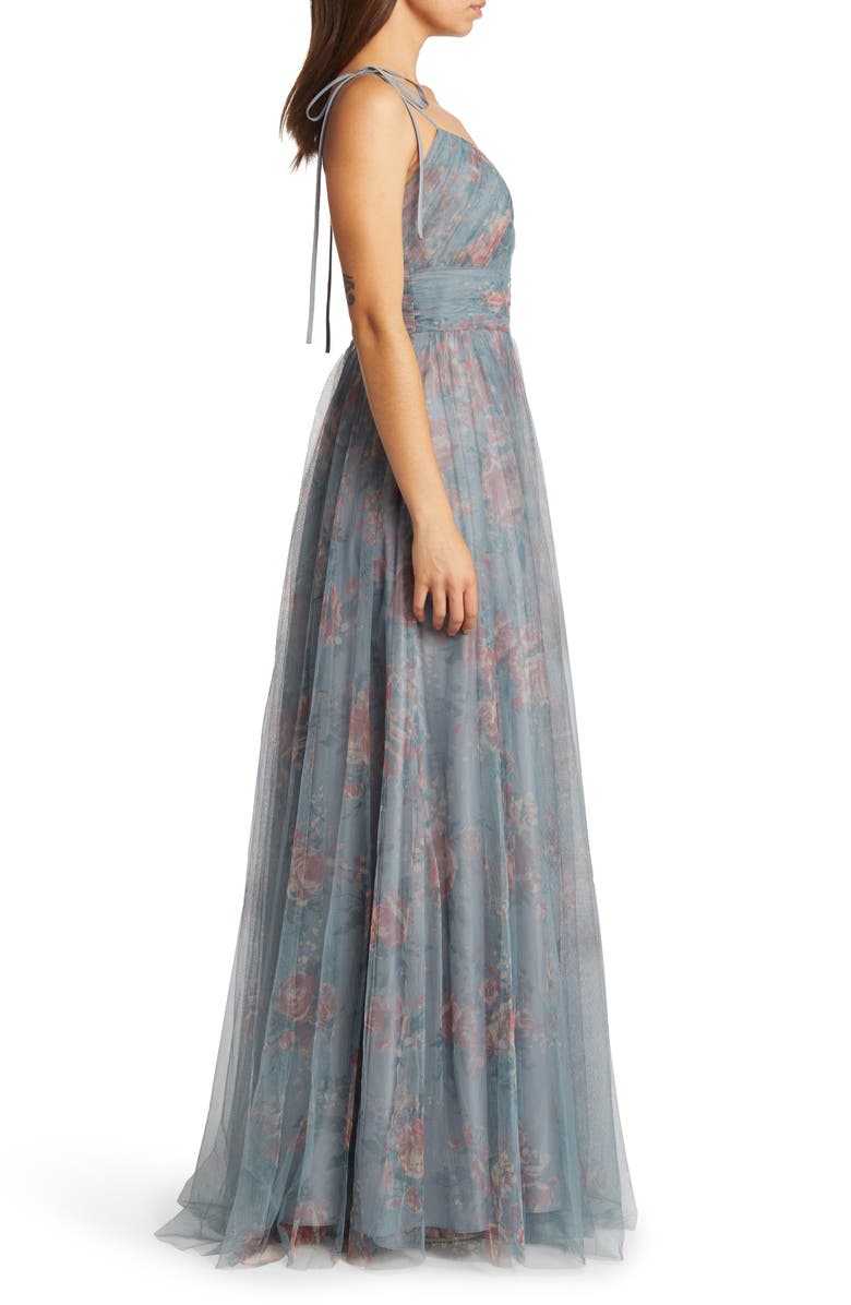 Marchesa Notte Floral Ruched Bodice Tulle Gown, Alternate, color, 