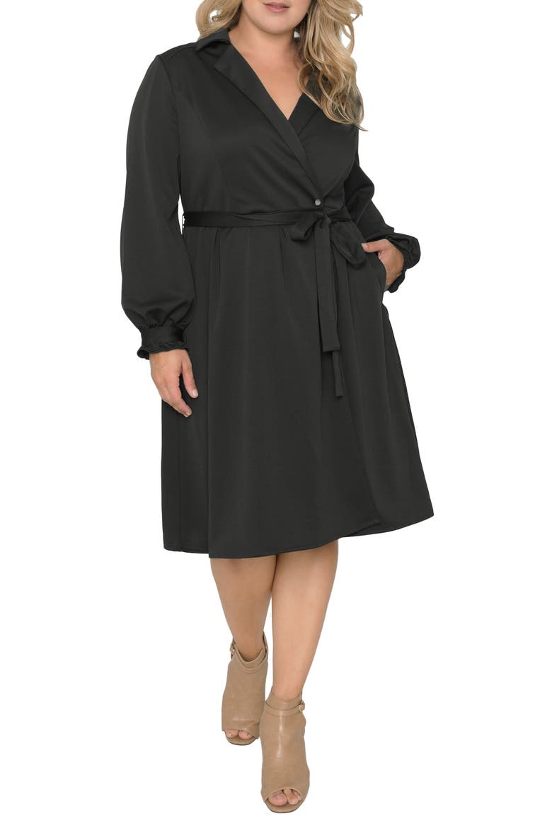 Notched Lapel Long Sleeve Crepe Wrap Dress, Alternate, color, BLACK