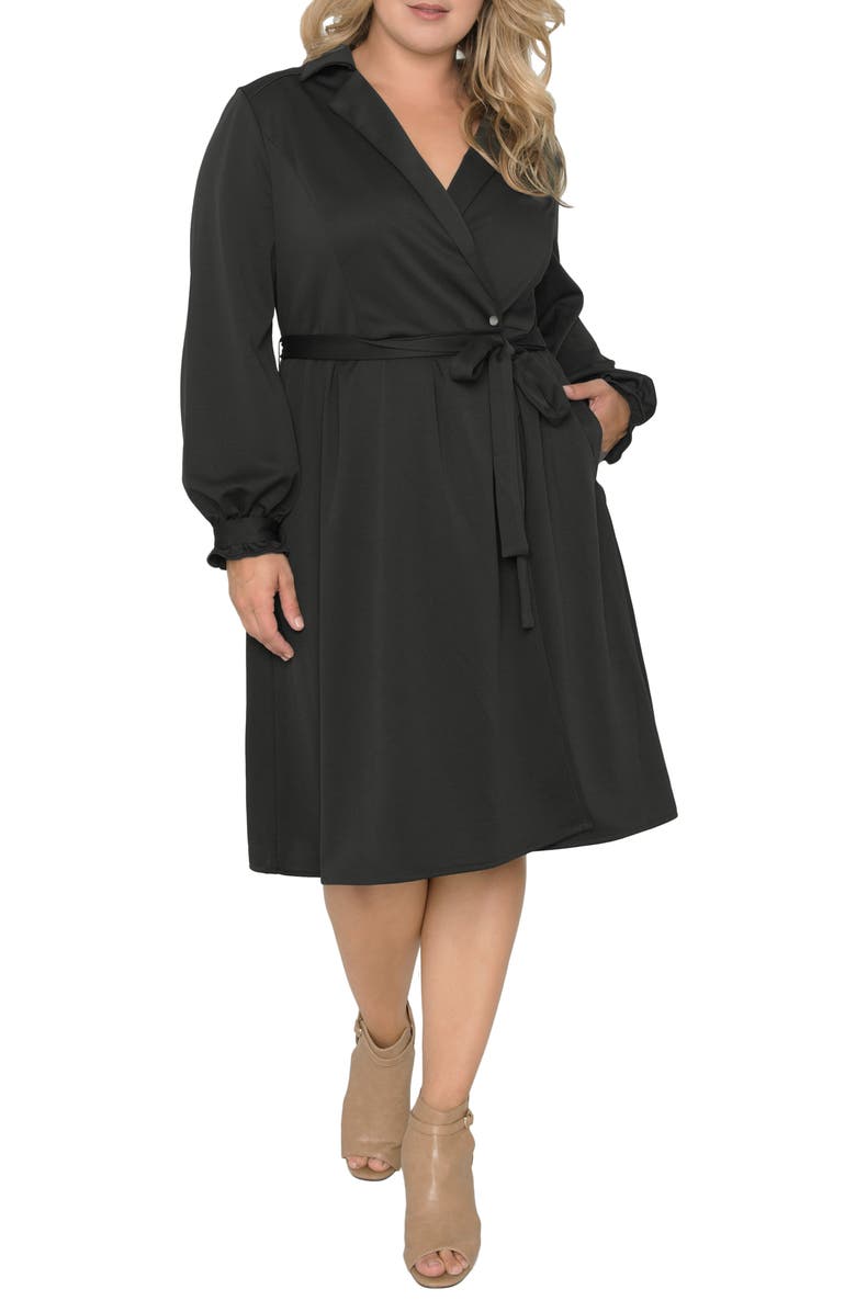 Standards & Practices Notched Lapel Long Sleeve Crepe Wrap Dress, Alternate, color, Black
